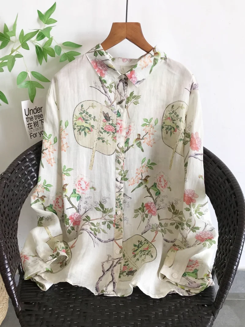

2025 Fall clothes original art floral print shirts 100% ramie linen blouses for women autumn breathable long sleeve tops