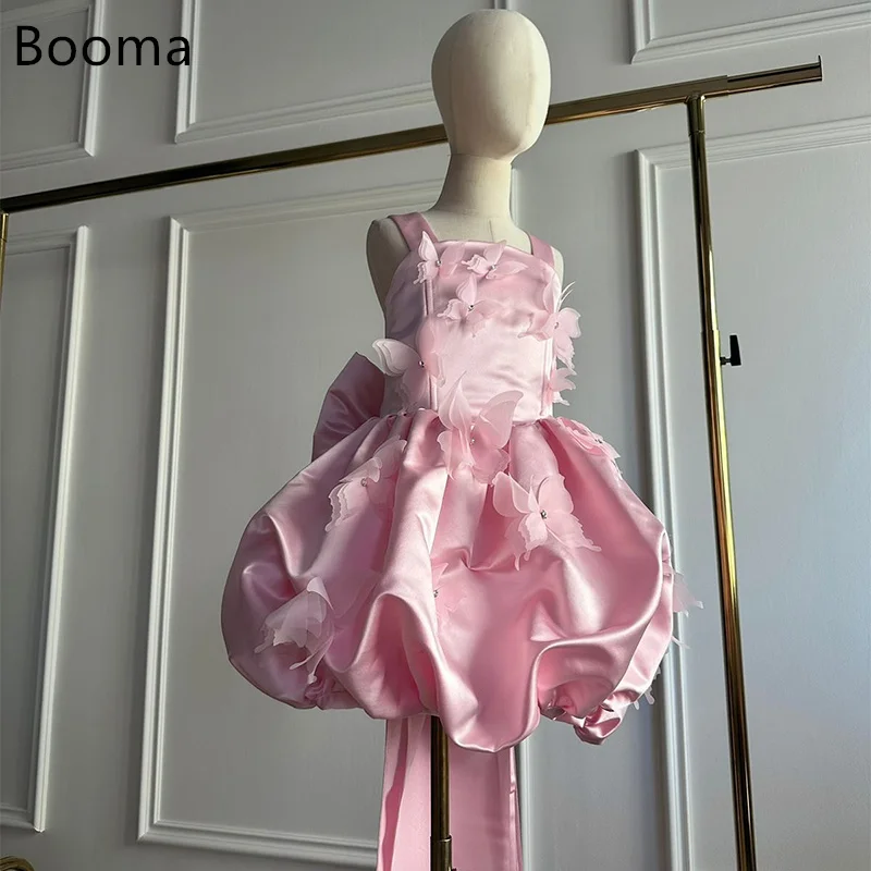 

Booma A-Line Flower Girl Dresses Satin Girls Wedding Party Dresses Bow Spaghetti Strap Sleeveless Gowns Customized