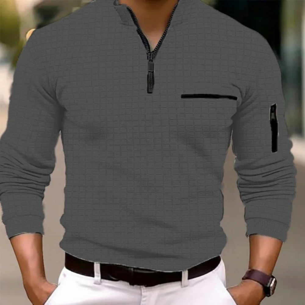 2023 new spring and autumn quick sell men\'s checker checkered stand collar POLO shirt arm zipper sports breathable polo shirt