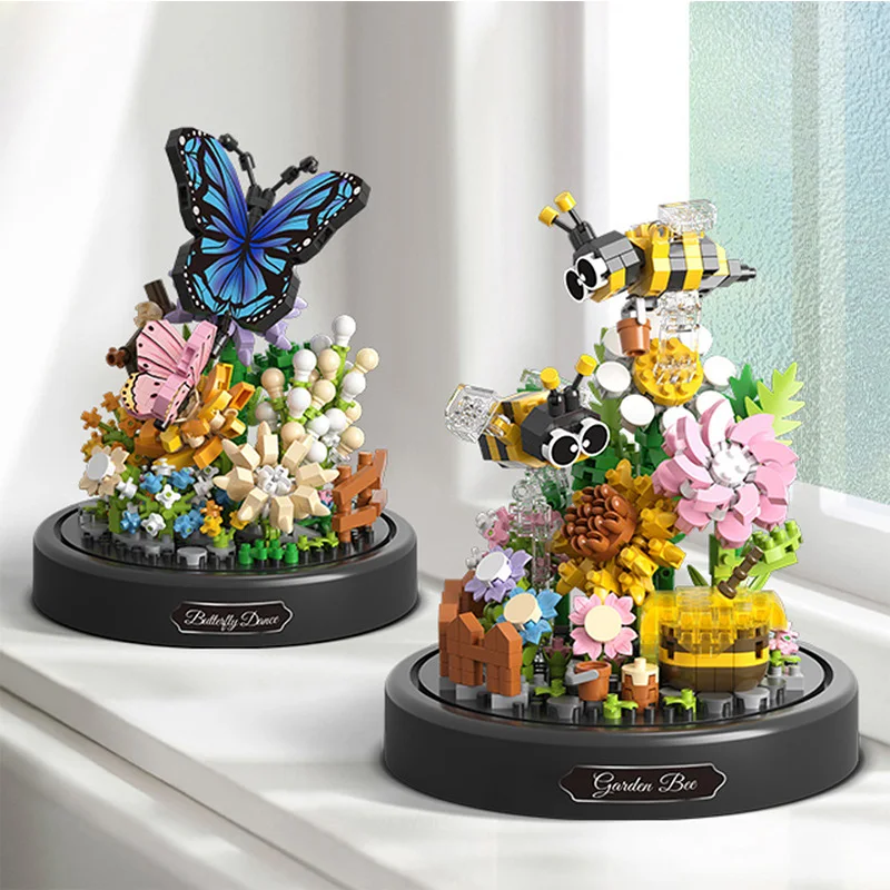 Creative Diamond Bee Butterfly Flower Bonsai Model Building Blocks Assemble Eternal Flower Decoration DIY Micro Bricks Toys Gift