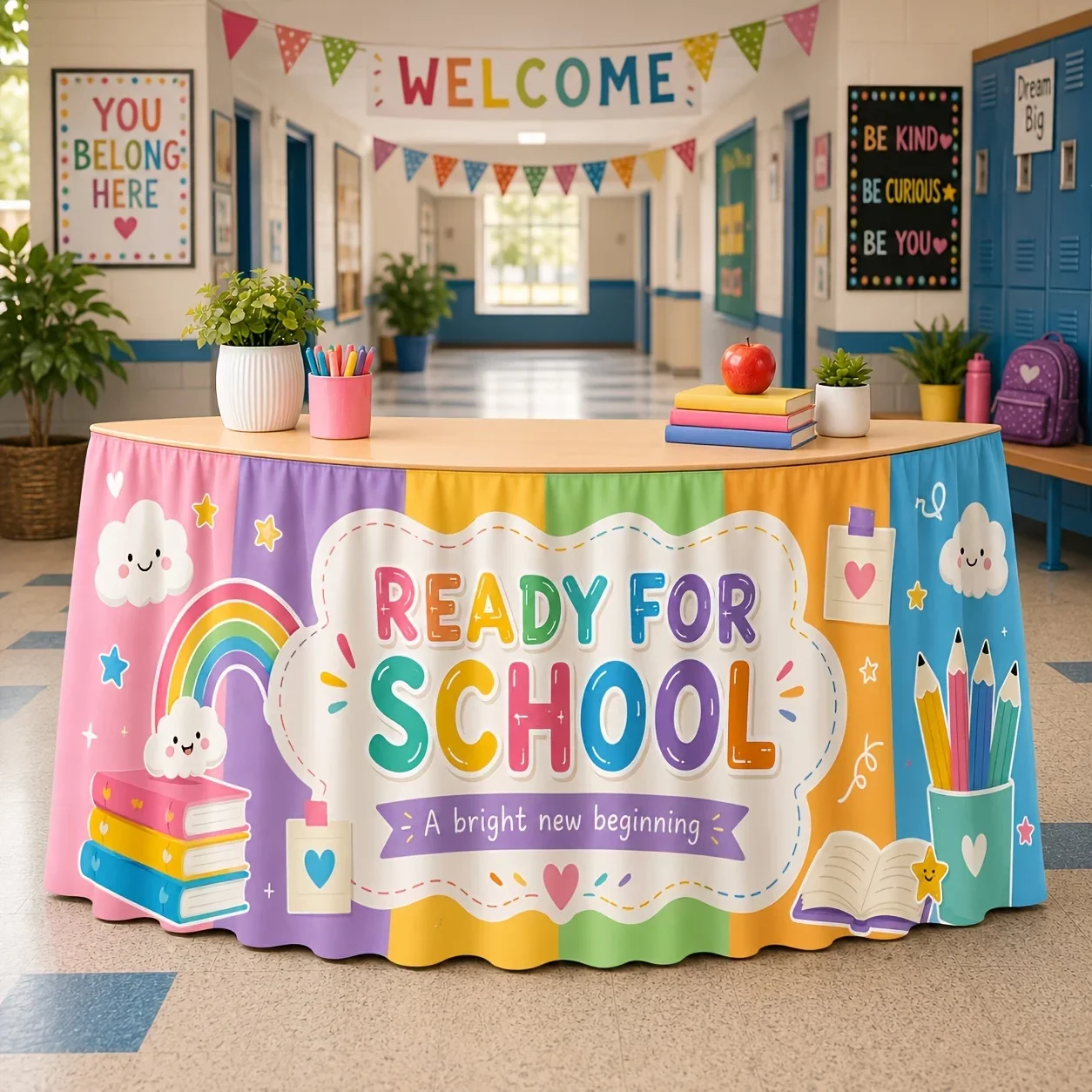 Send a tablecloth and a table skirt, in a set. The table skirt is designed with a colorful campus theme.