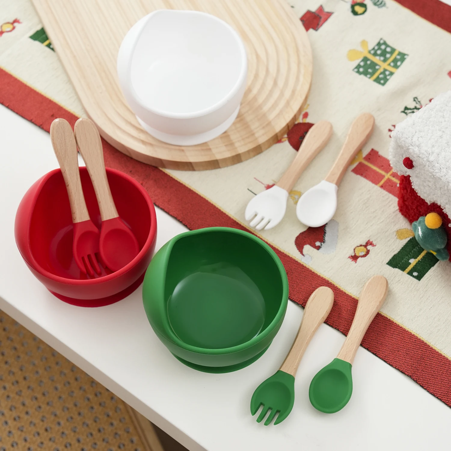 

3PCS Feeding Bowl Set With Wood Spoon Fork Silicone Suction Dishes Toddler Learning Utensils Training Tableware Baby Stuff