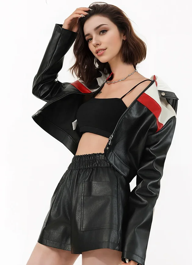 Jaqueta de couro feminina com emenda de cor contrastante jaqueta de couro PU, jaqueta de couro de motocicleta picante para meninas