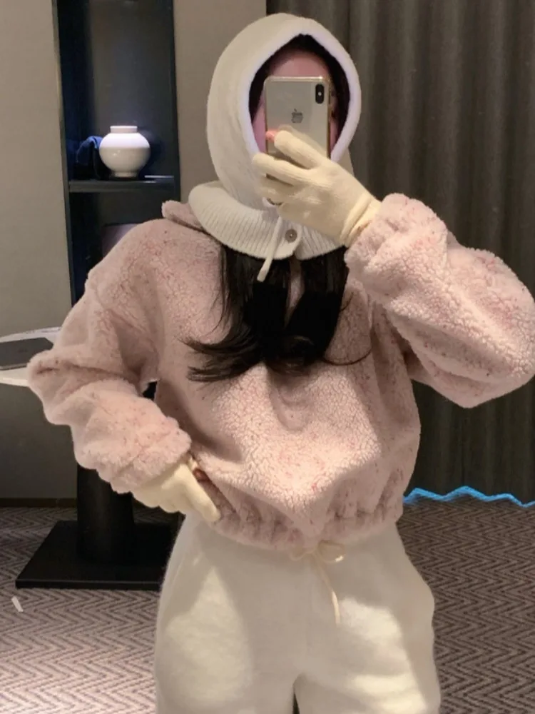 أنيقة الخريف الشتاء الحلو مكافحة الشيخوخة التلبيب f البريدي مختلط اللون فضفاض طويل Sve لامب الفراء البلوز عادية تخفيف Sle