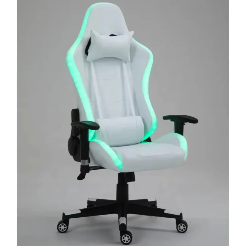 Kursi Gaming Komputer Kulit PU Putih Murah dengan Lampu LED dan Pijat, Dilengkapi Lampu dan Speaker