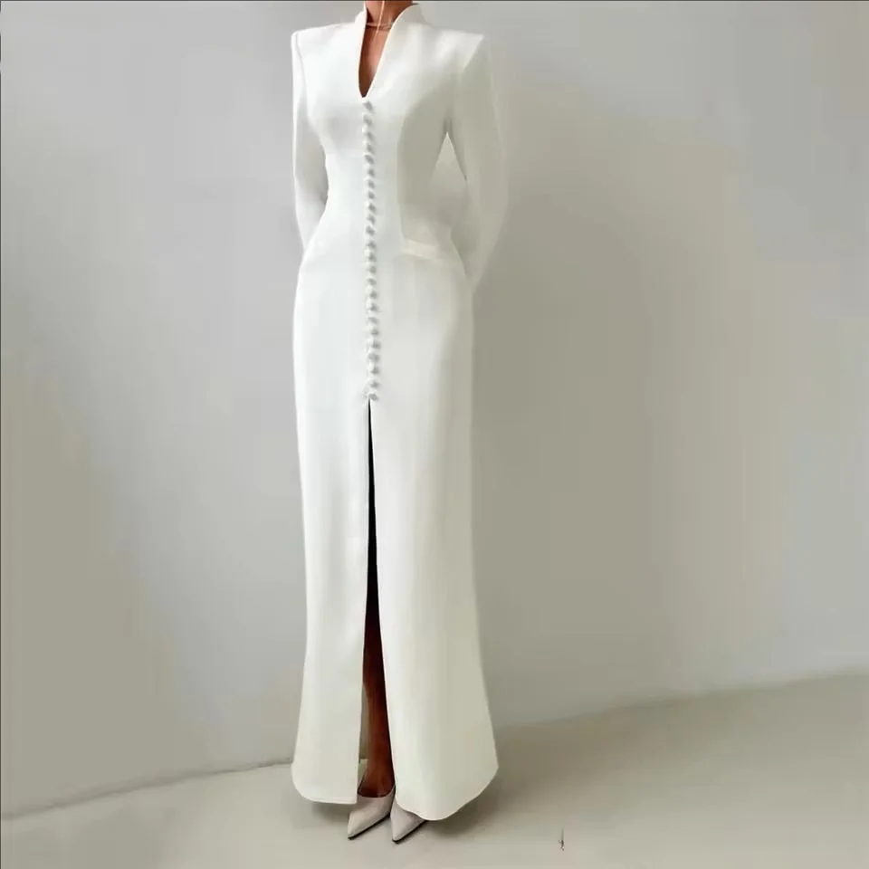 

Formal Elegant Prom Dresses White Minimalist Stand-Up Collar Padded - Shoulder with Button-Down and Split Gown Customized