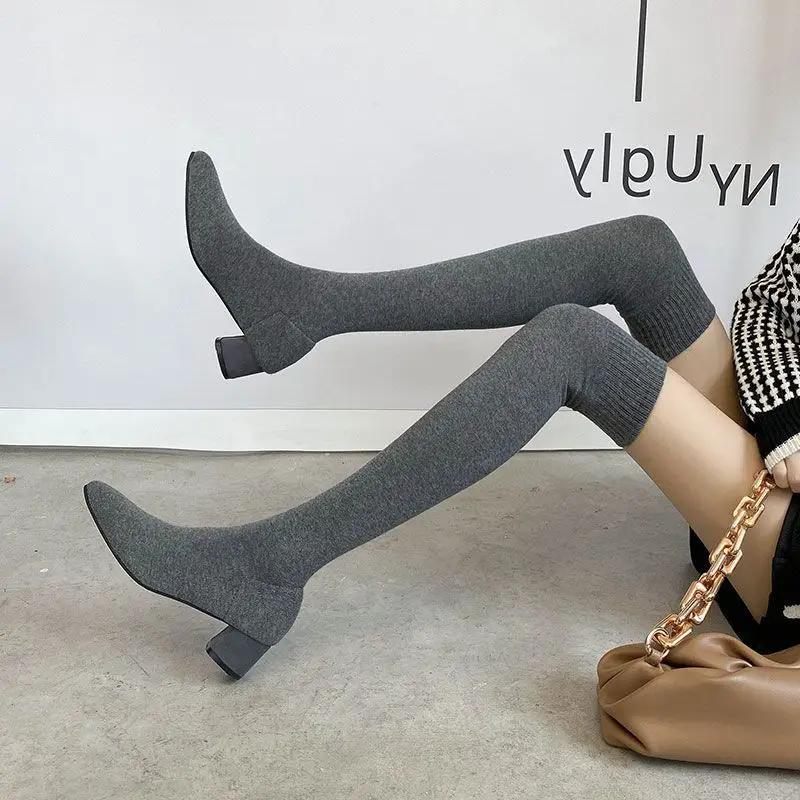 Footwear Sock Thigh High Women's Boots Above Over The Knee Shoes for Woman Elastic Middle Heel Waterproof Trend 2024 Gyaru Boot