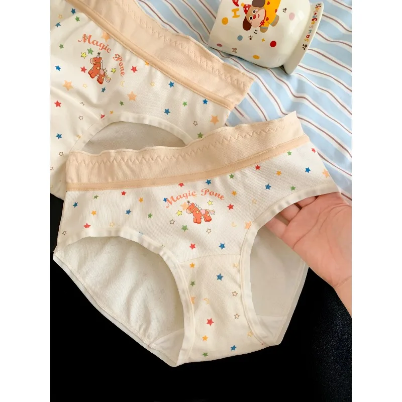 Cute Cartoon Bear Star Print Women Cotton Panties Blue Lace Trim Mid-rise Antibacterial Soft Anti-chafing Girls Brief Underwear