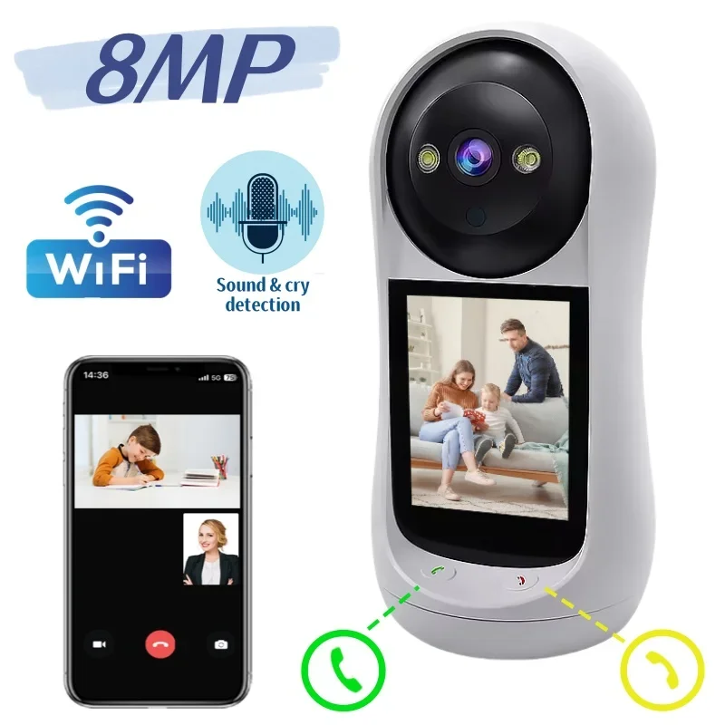 8MP Surveillance WIFI IP Camera PTZ Smart Baby Monitor Sound Detection Wireless Cam Security Protection Two-way Vedio IPS Screen