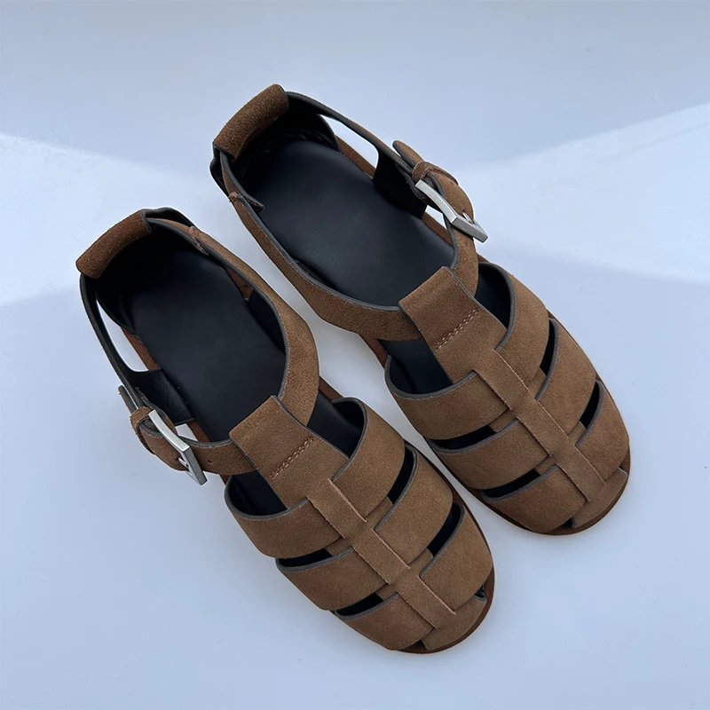 

Mrxmus Dutit Roman Style Cowhide Leather Fashion Sandals 2024 Summer Retro Buckle Decorative Flat Shoes Female