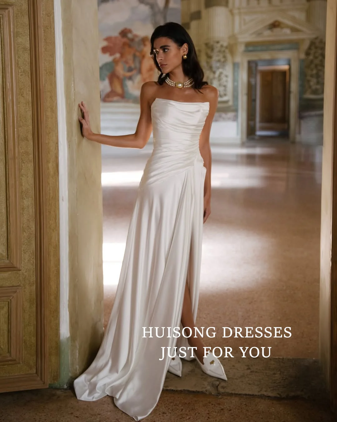 HUISONG vestidos de novia de sirena de satén personalizados sin mangas vestido de novia de playa con abertura lateral vestidos de novia