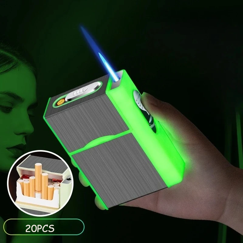 2025 2-in-1 Luminous Cigarette Case + USB Lighter Holds 20pcs 100mm Cigarettes Waterproof Rechargeable Cigarette Box & Dual-Use