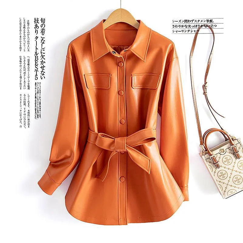 New Women Shirt Style Leather Jacket Spring Autumn Fashion Casual Turn-down Collar Lace-up Slim Leather Coat Split Leather