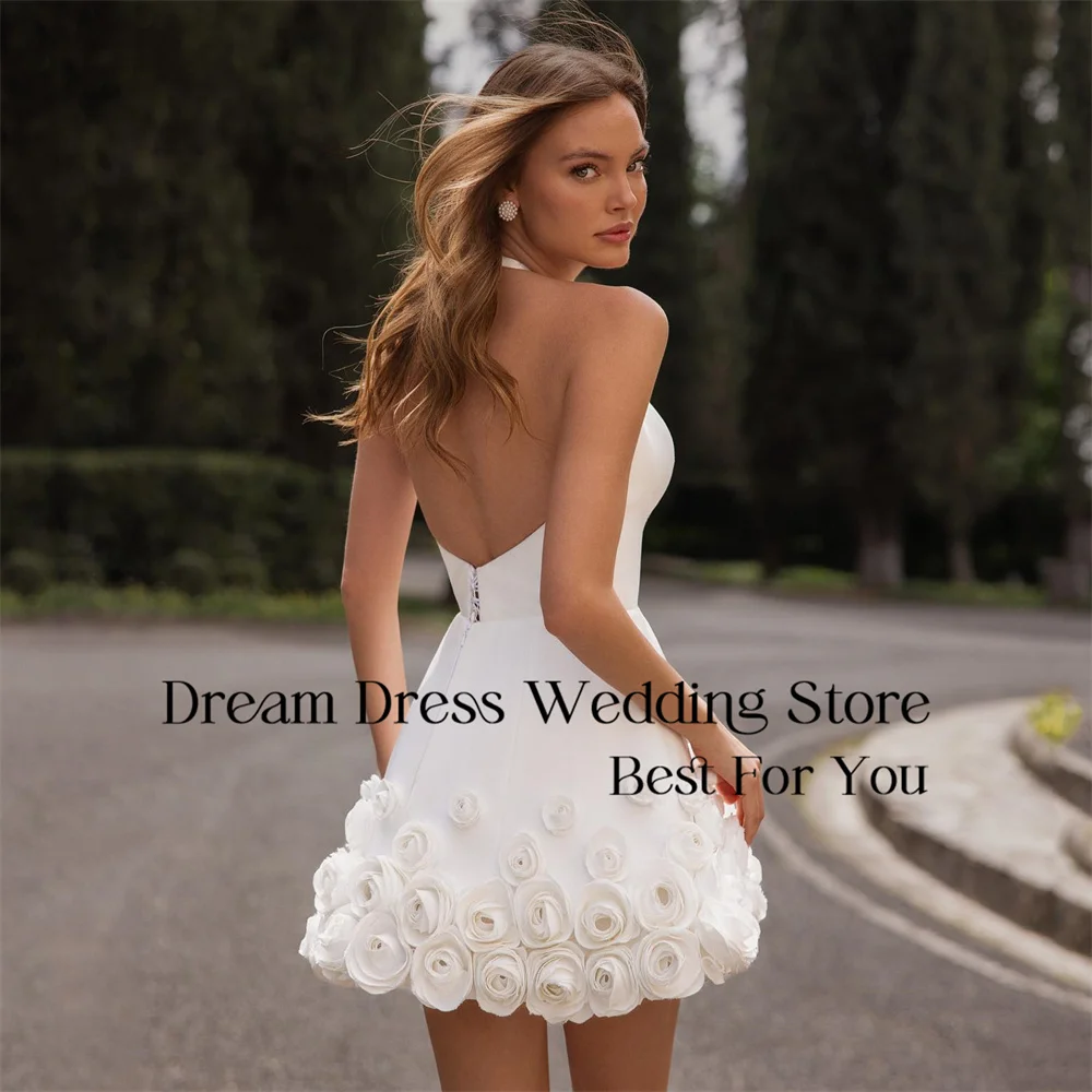 DREAM Flowers A-Line Short Wedding Dress Halter V-Neck Open Back Sleeveless Bridal Gown Vestido De Noiva Customized
