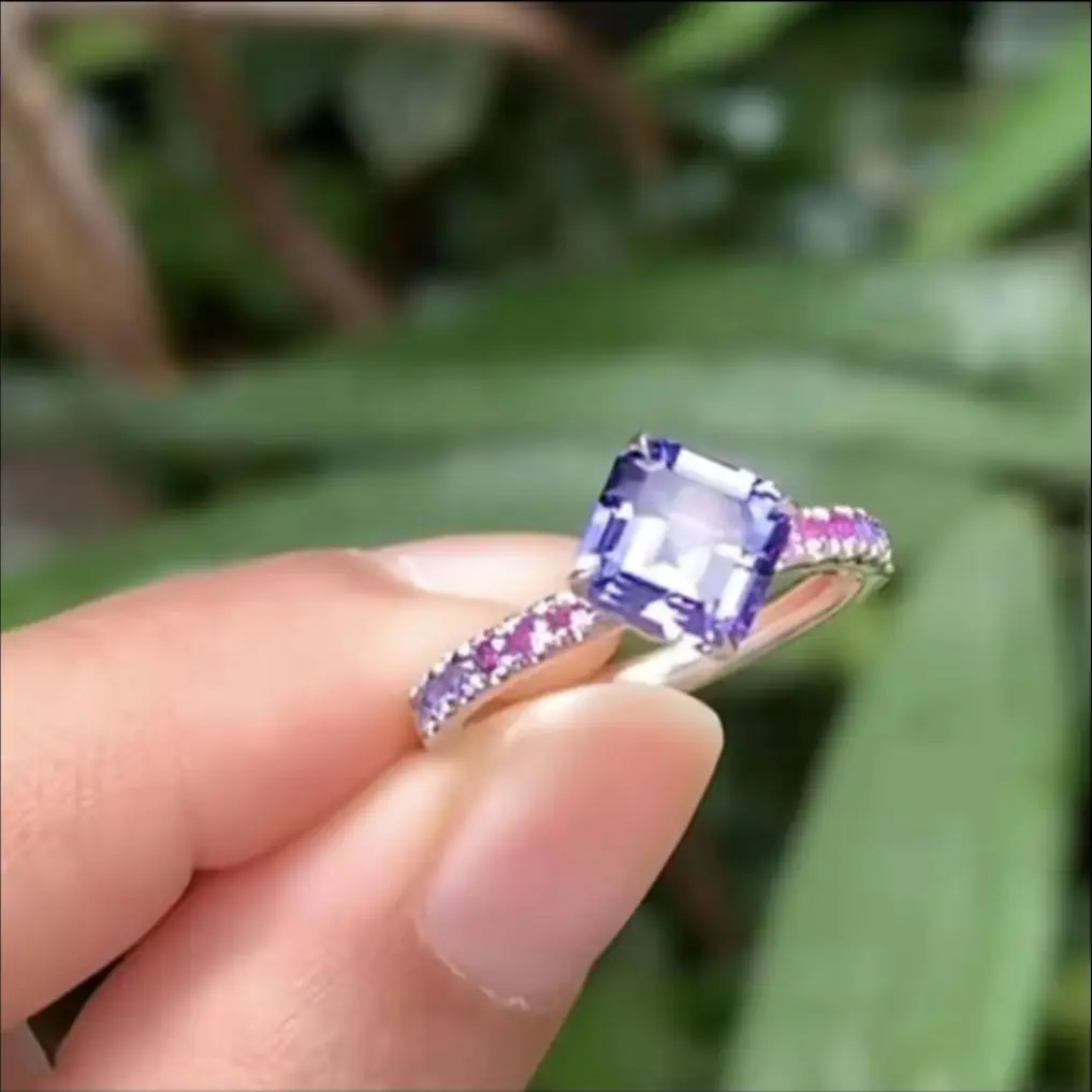 Classic Women's Silver Color Square And Round Rings Set with Purple Stone Jewelry Party Gift Size 6 to 10