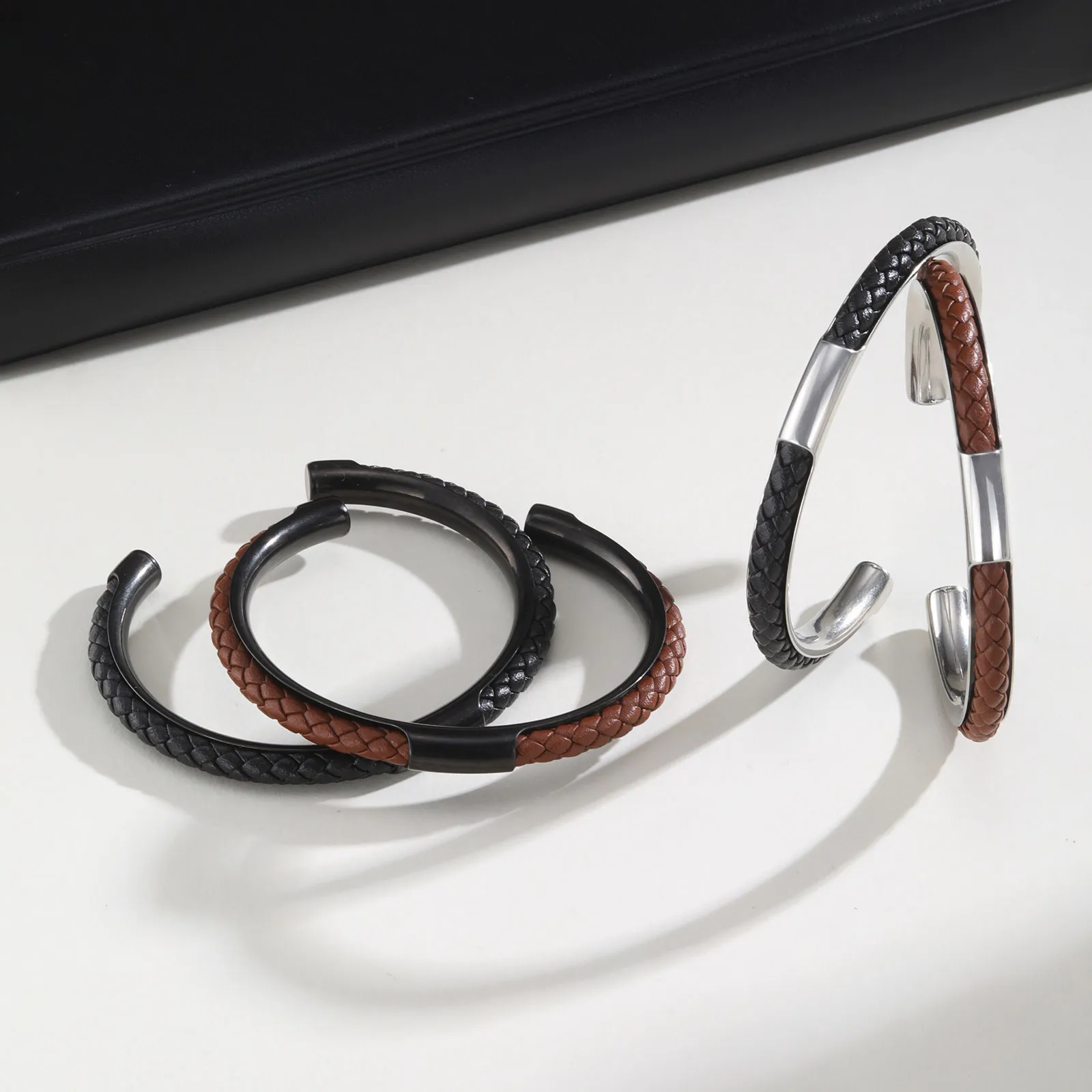 

Brown Leather Cuff Bracelets for Men Boys,High Quality Stainless Steel Bangles,Suit Accessories Gifts Gentleman's Gift