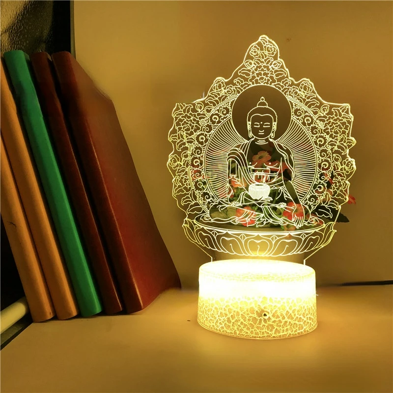 Luz de noche LED 3D budista, lámpara de mesa de oración de Buda, 7 colores que cambia de luz nocturna, decoración del dormitorio del hogar