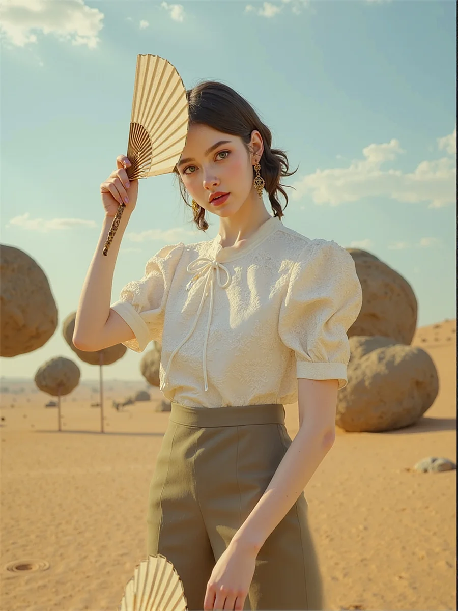 중국 스타일 불규칙 블라우스 여성용 로맨틱 보헤미안 프린트 패치워크 메쉬 밴디지 허리 스윗 트렌디 홀리데이 랜턴 슬리브