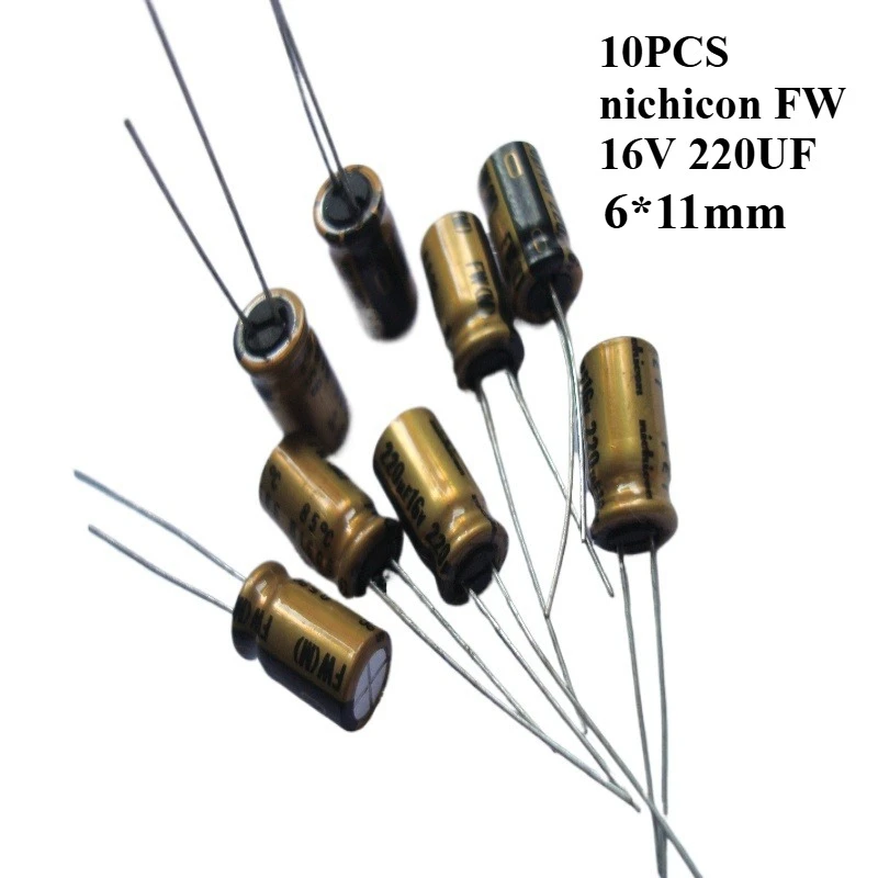 (10pcs) nichicon 16V 220UF  FW  220uf16v  6*11mm  Gold-Plated Audio Filter Electrolytic Capacitor