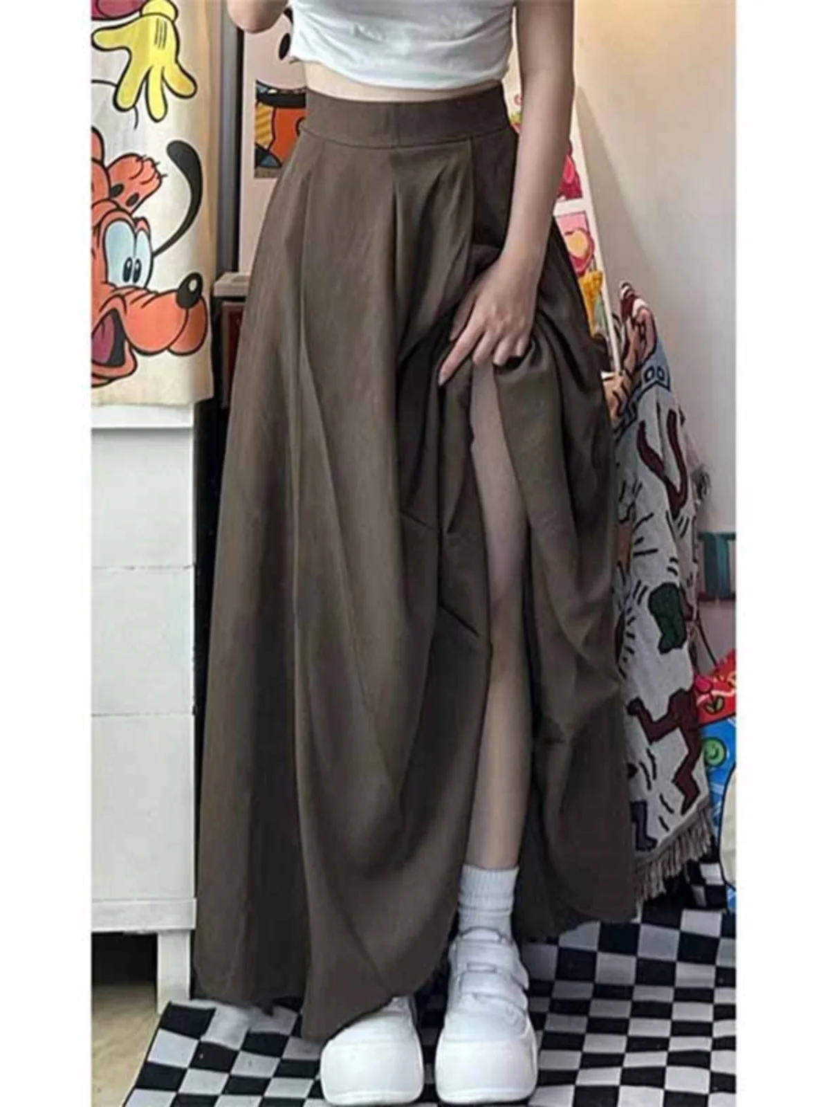 

High Waist A-Line Midi Skirt Women's Summer New Design Slimming Versatile Coffee Color Pleated Long Skirt Ins Sle