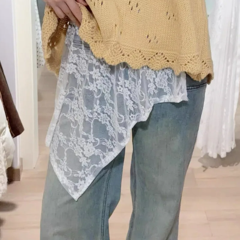 French Lace Up Flower Skirt Waist Women Irregular Sheer Wrap Skirt Bandage Dress Apron Curtain Jeans Skirt Mesh Halfbody Skirt