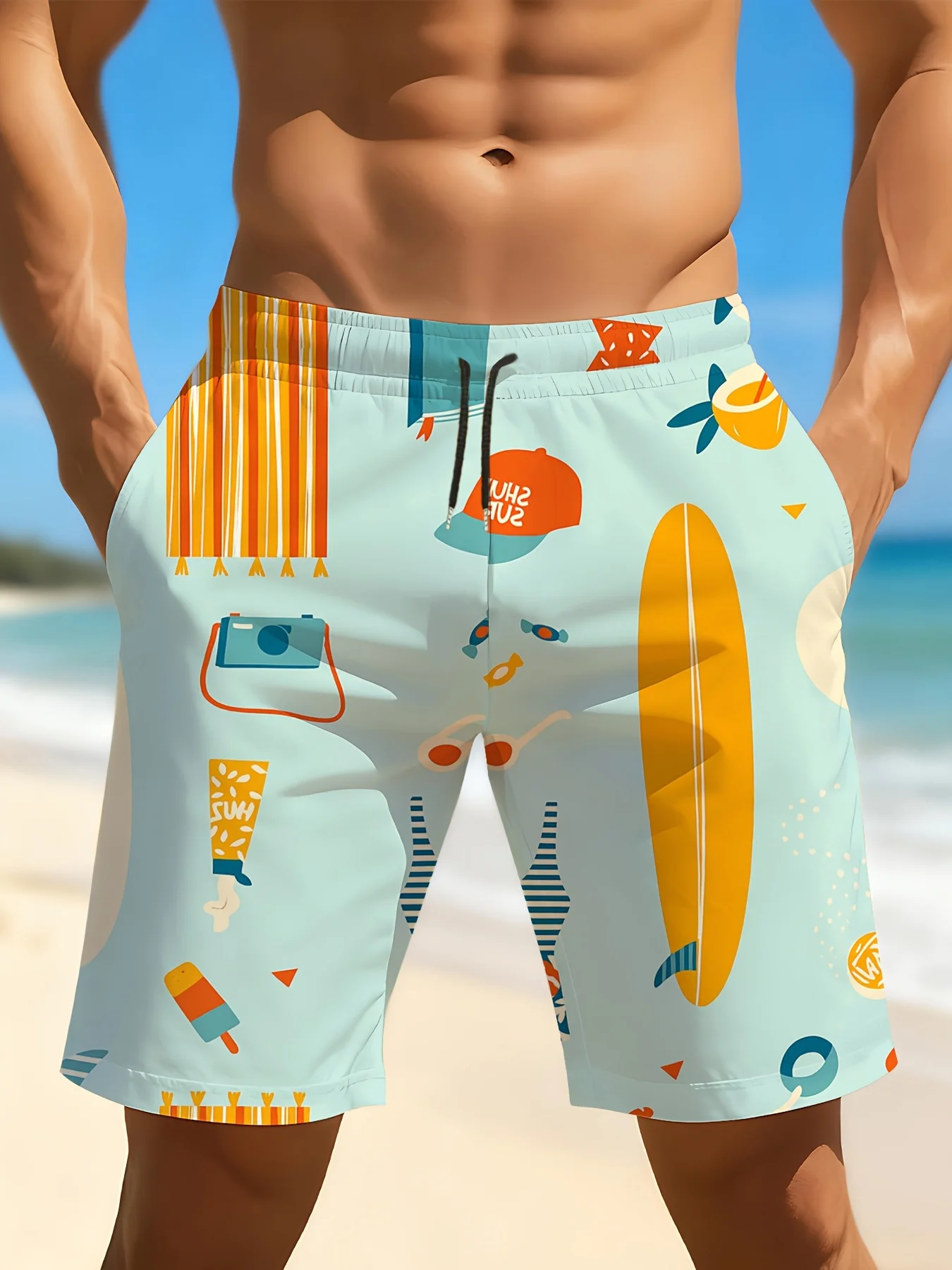Men'S Beach Shorts for Outdoor Leisure, Vacation, And Fitness with a Printed Design That Is Not Textured