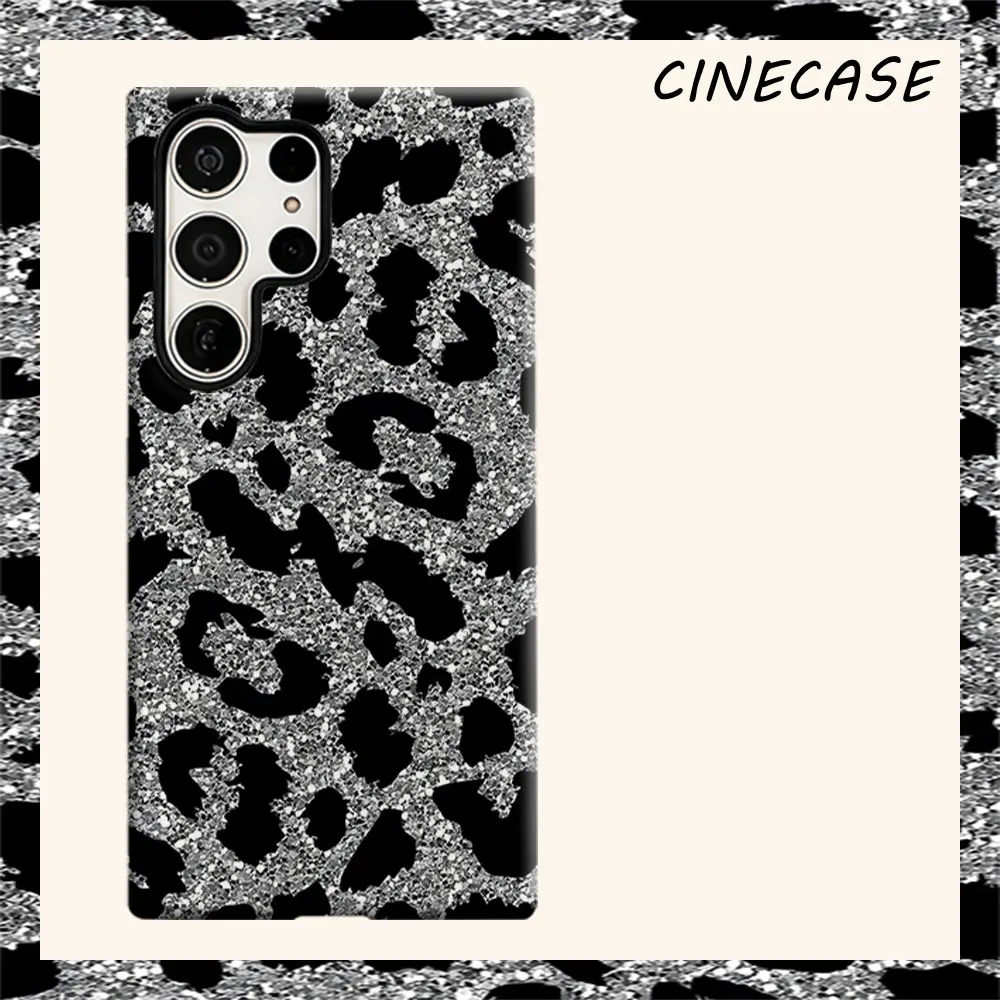 Silver Glitter Leopard Print For Samsung Galaxy S26 S25 S24 A56 A36 Dual Layer Luxury Fashion Full Lens Protective Case