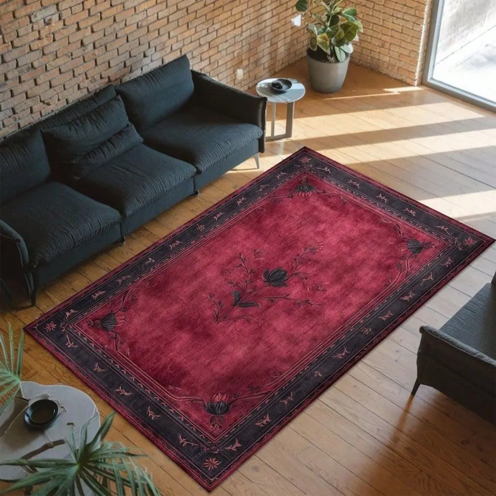 

Red Floral Rug Dark Baroque Style, Washable Polyester Area Mat, Gothic Greek Decor, Washable Area Rug For Historical Fantasy De