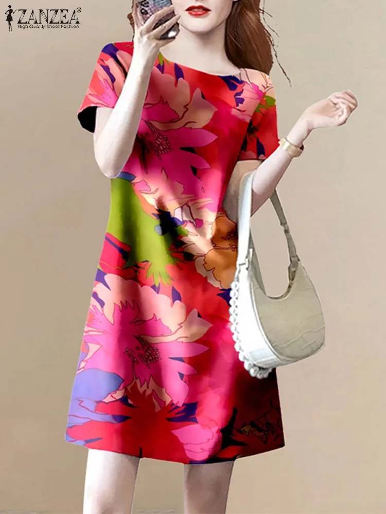 Summer Stylish Floral Printed Dress ZANZEA Women Elegant Casual Holiday Party Dress Short Sleeve Beach Vestidos Knee-length Robe