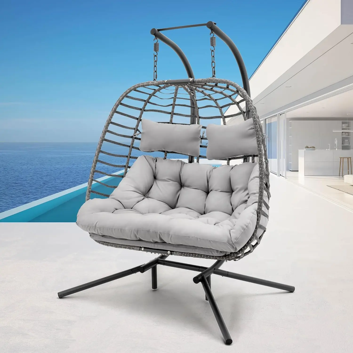 2 Person Hanging Egg Chair with Stand for Outdoor Patio Swing Chairs Hammock Chair with UV Resistant Cushion for Backyard