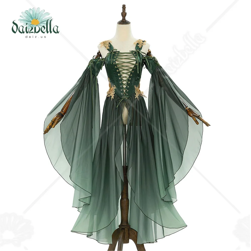 Europäischer Lagerbestand DAIZBELLA Mittelalterliches Renaissance-Kostüm für Damen Elfen-Stil Grünes Kleid mit Ärmeln für Halloween Cosplay-Kostüm