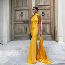 Backless Dress Satin Halter Off Shoulder Party Gown for Women - Yellow