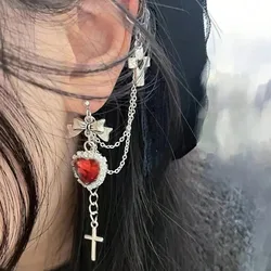 Vintage Punk Red Crystal Heart Cross Chain Ear Cuff for Women Men Gothic Hip Hop One Piece Ear Bone Clips Party Jewelry Gifts