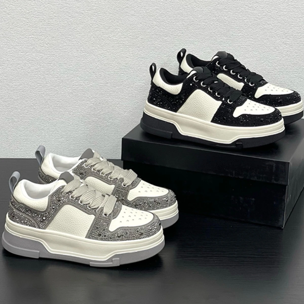 

Maxdutti 2025 SS British Fashion Genuine Leather Vulcanized Shoes With Diamond Decoration 5cm Thick Sole Sneakers Shoes Women
