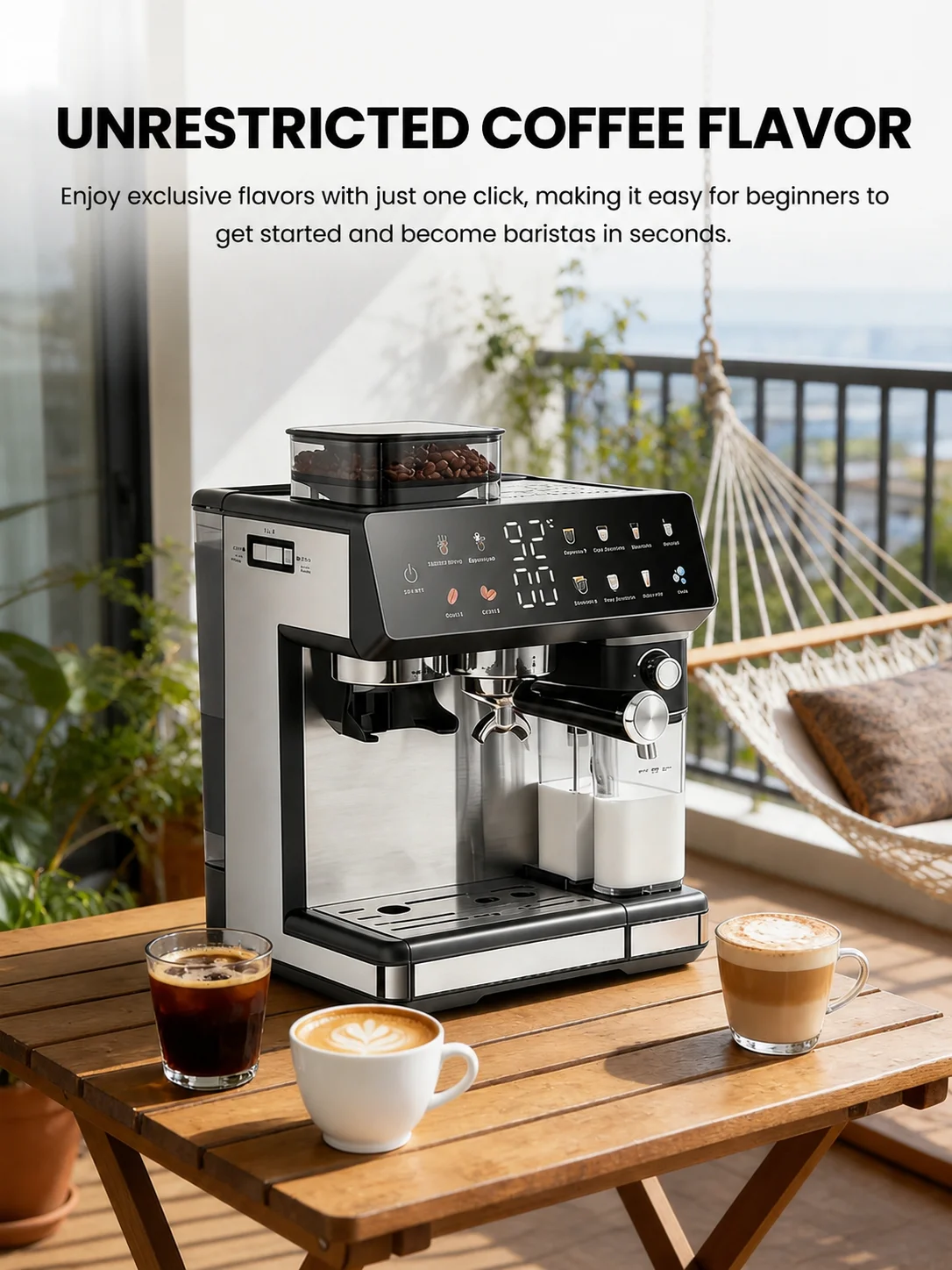 All-in-One Espressomaschine mit Titan-Mahlwerk, TFT-Touchscreen, Vorbrühfunktion & automatischem Milchaufschäumer, Heiß- & Kaltbrühfunktion, 8 Voreinstellungen, Schwarz/Silber
