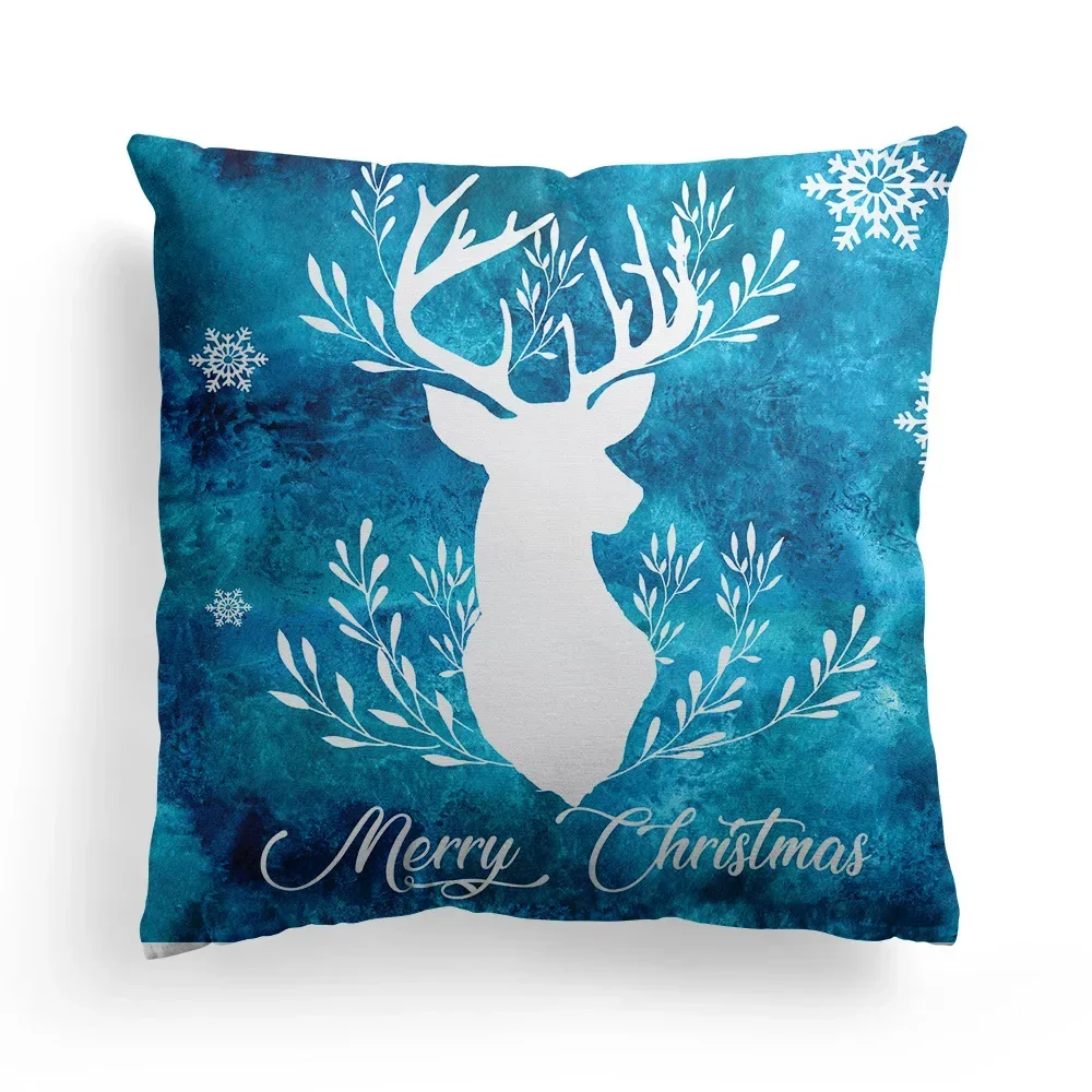 Christmas Western Blue Watercolor Elk throw pillow cover with short plush print for living room sofa decoration cushion cover