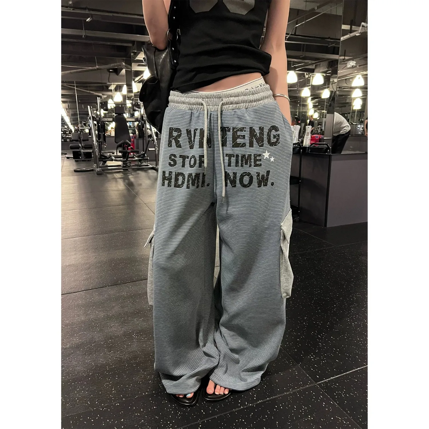 Loose Wide Leg Pants American Style Drawstring Letter Print plus Size 250 Pounds Autumn Winter Casual Sports Long Trousers