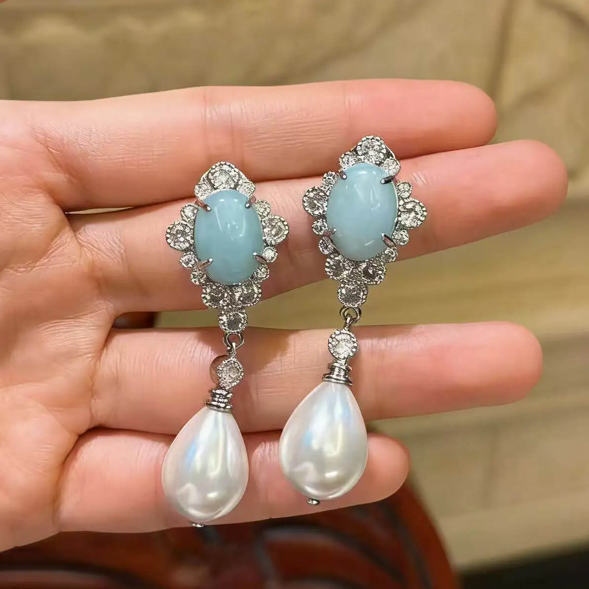 

Blue Water Drop Pendant Earrings Exquisitely French Vintage court baroque Studs ear jewelry
