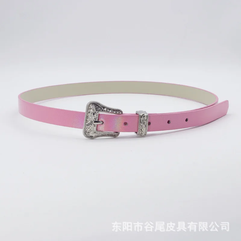 

New Laser Pink Silver Ladies Belt Personalized Pattern Buckle Fine PU Belt Slim Models