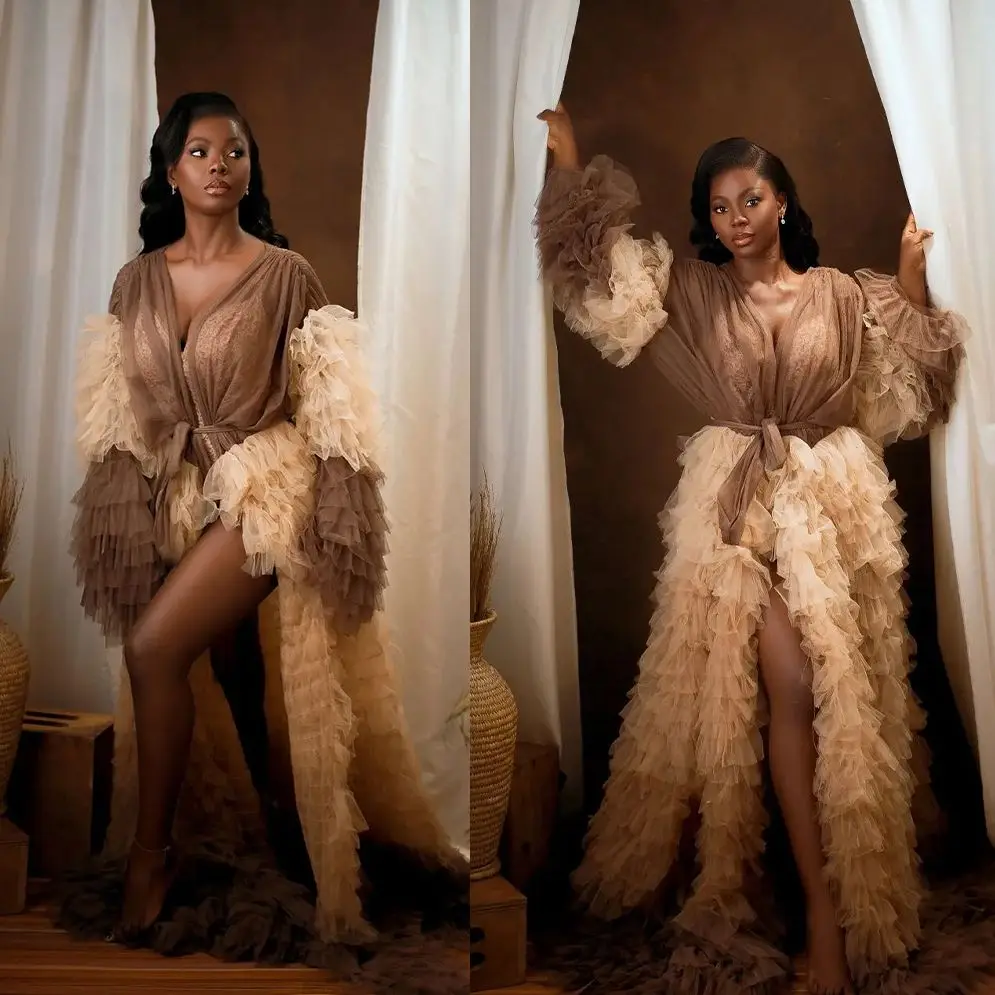 

Sexy Puffy Prom Dresses Long Sleeve Women Tulle Robe Photo Shoot Belt Maternity Nightwear Gowns For Photography