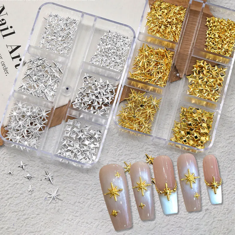 6 cinta/caixa 3d metal estrelas prego rebite studs decoração ouro luz das estrelas brilho jóias charme do prego mini metálico manicure decoração