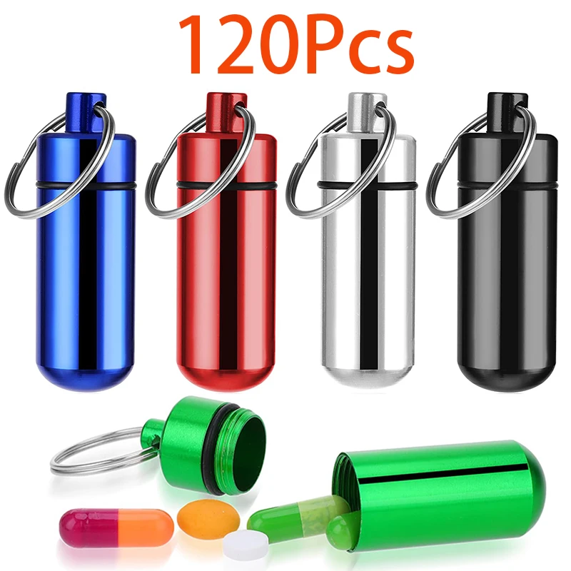 120Pcs Mini Keychain Pill Bottle Aluminum Outdoor First Aid Pill Capsule Storage Container Bottle for Travel