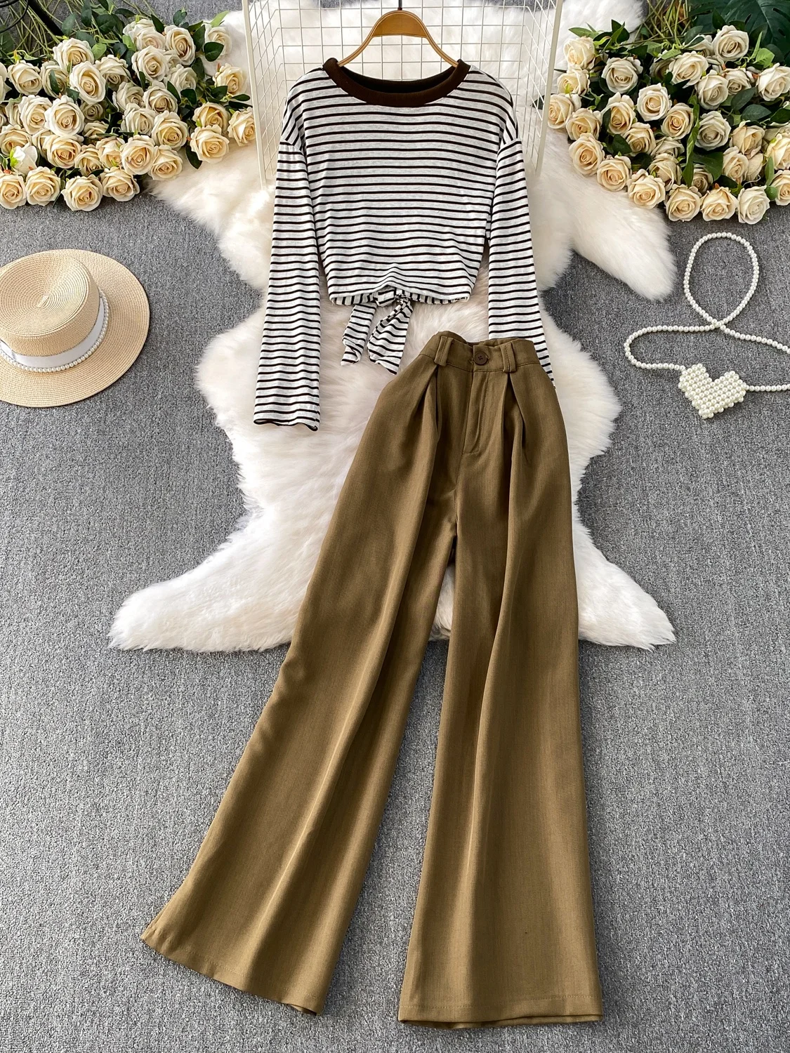 

Faionable корейский женский осенний комплект ort round Ne полосатая футболка с высокой талией, широкие брюки с эффектом похудения