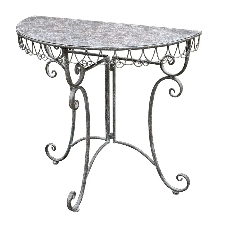 

Vintage Half Moon Console Table, Wrought Iron, Antique Gray, Decorative Scrollwork, 31.5x30.7x15.7 Inch, for Entryway Garden