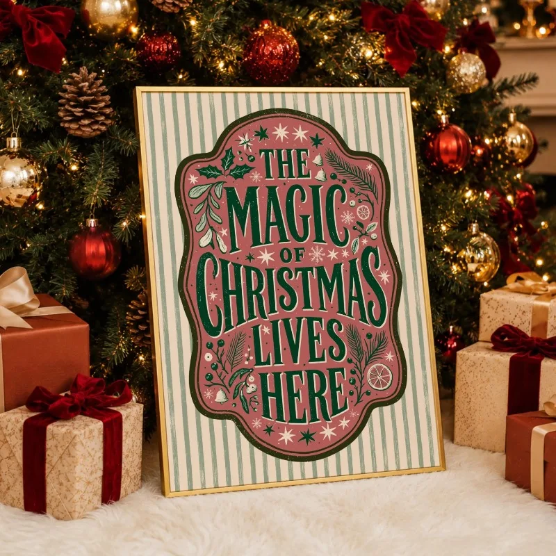 Retro The Magic of Christmas Lives Here Canvas Wall Art Vintage Striped Festive Decor Xmas Wall Print Unframed Canvas Poster