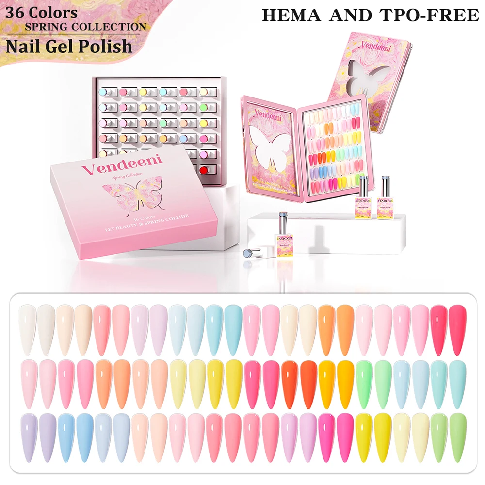 

Vendeeni 36 Colors/Set Spring Candy Pure Color Gel Nail Polish TPO HEMA FREE High Pigment UV Soak Off Gel Varnish With Display