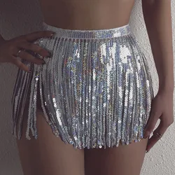 Women Tassel Fringe Sequin Skirts Summer Beach Dancer Costume Skirts Sexy High Waist Mini Skirts Sarong Swimwear Cover-ups 2022