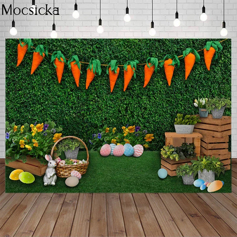

Mocsicka Easter Photography Backdrops Spring Green Grass Lawn Bunny Eggs Rabbit Birthday Decor Banner Photo Background Photocall