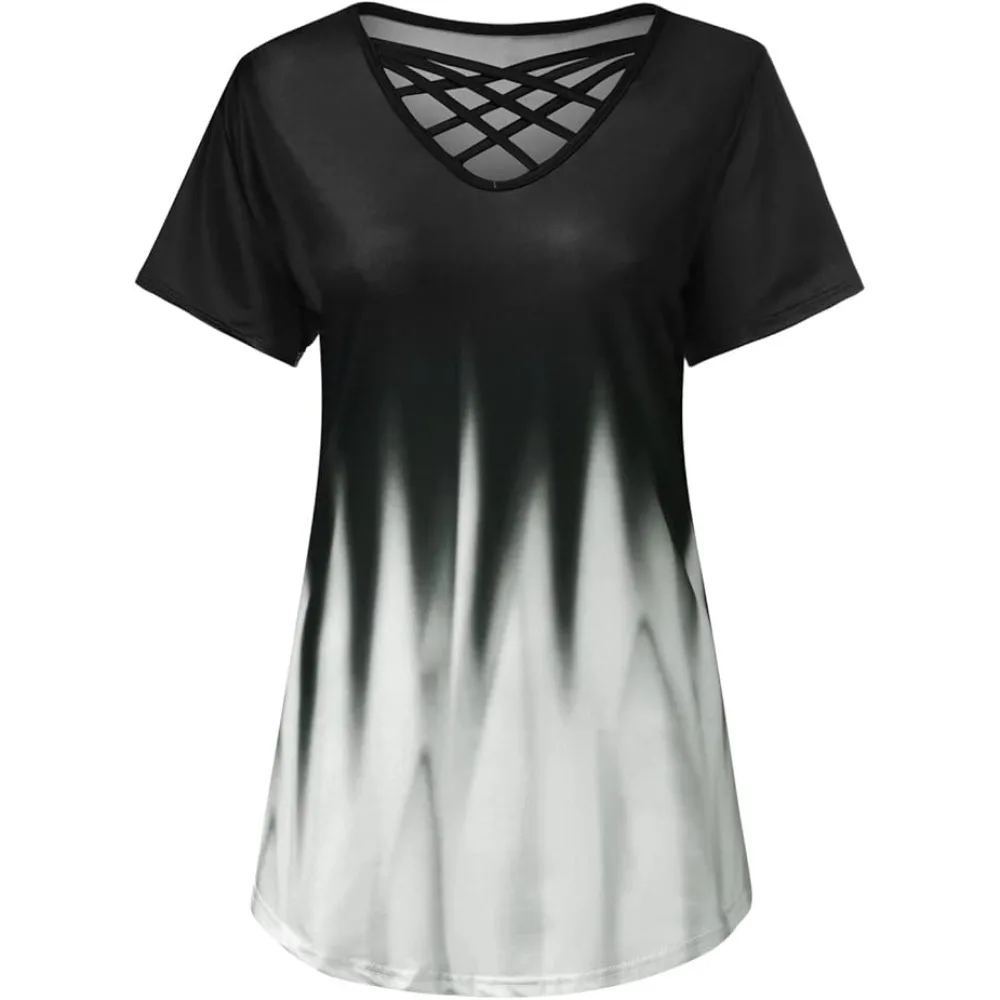 حجم كبير 1XL-5XL المرأة موضة نصف كم تي شيرت مطبوعة التدرج BeltT-shirt المرأة عادية اللون التدرج الخامس الرقبة الصليب قميص