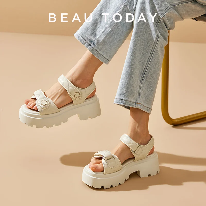 BeauToday Chunky Sandals Women Genuine Sheepskin Floral Ornament Summer Fashion Ladies Casual Platform Shoes Handmade 38195